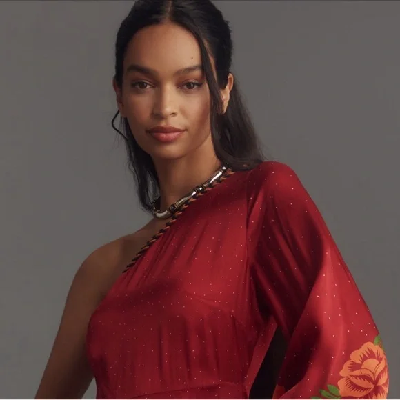 Anthropologie x Farm Rio One-Shoulder Printed Satin Rose Jumpsuit